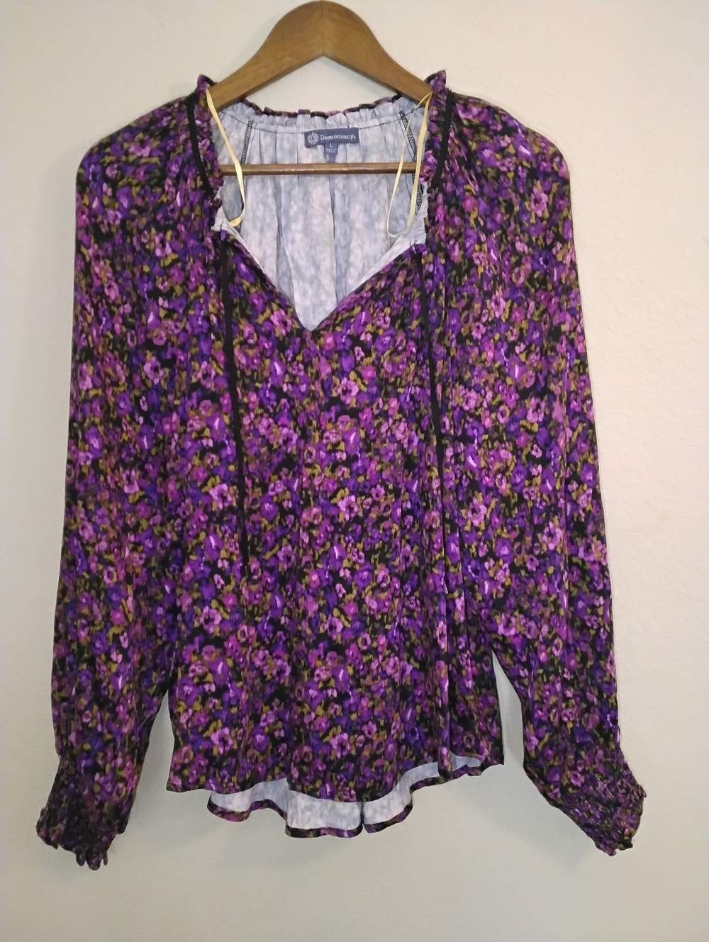 Democracy Blouse Womens Large Black Purple Pink Floral‎ Cottagecore Peasant Top